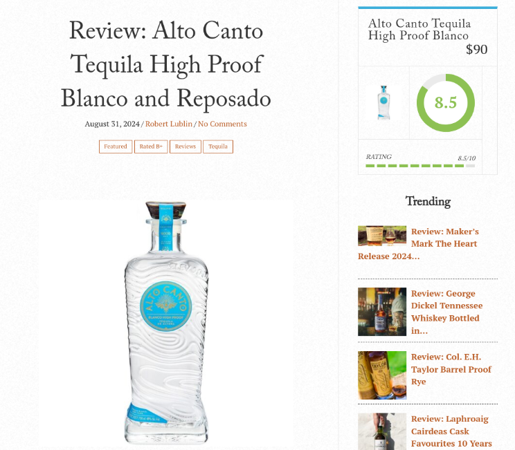 Review: Alto Canto Tequila High Proof Blanco and Reposado