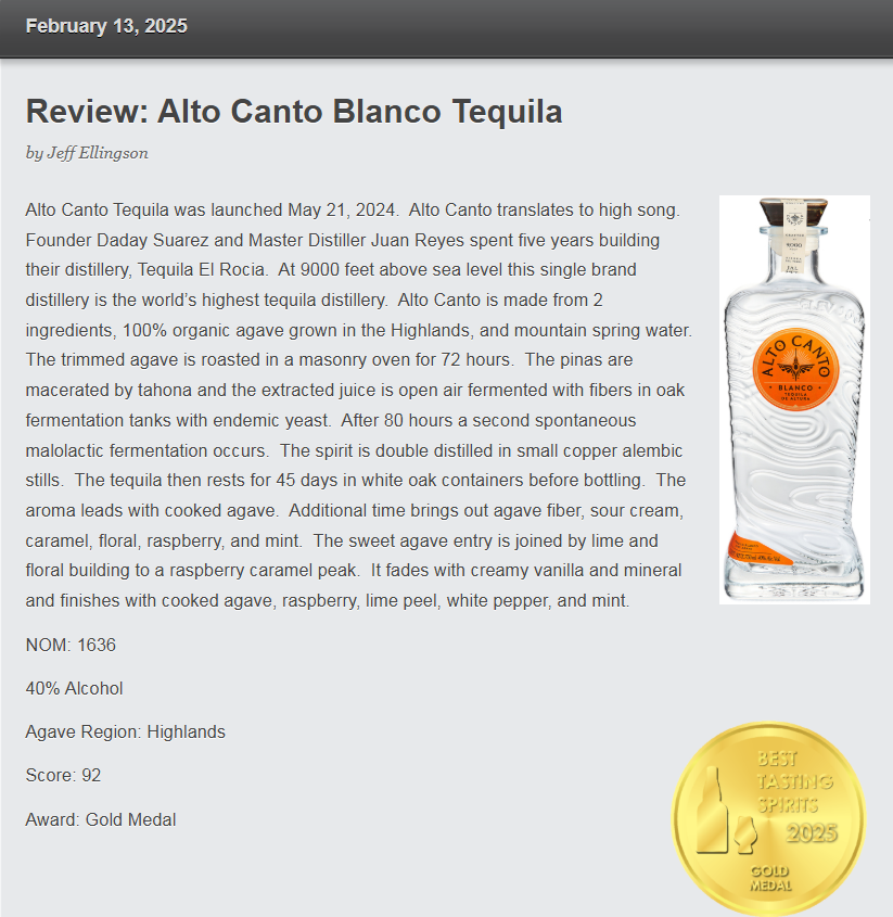 Review: Alto Canto Blanco Tequila